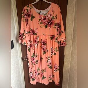 Peach Floral Dress with Ruffle Sleeves